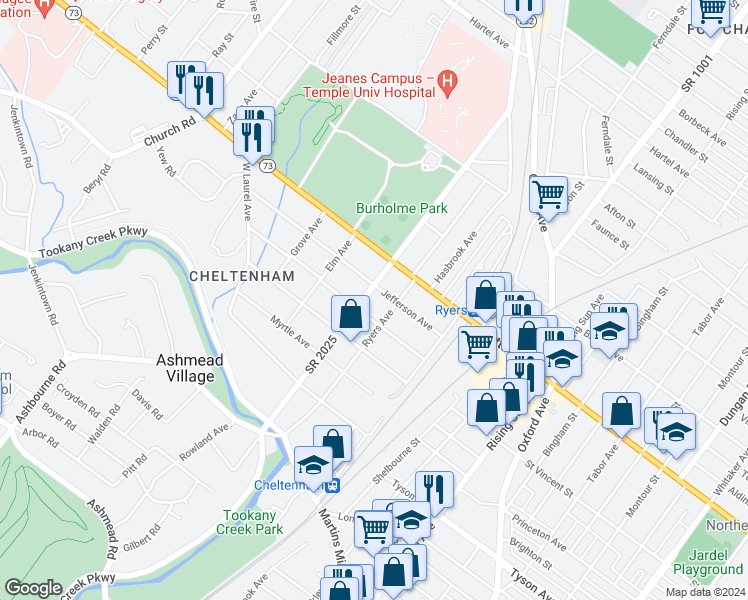 map of restaurants, bars, coffee shops, grocery stores, and more near 107 Central Avenue in Cheltenham