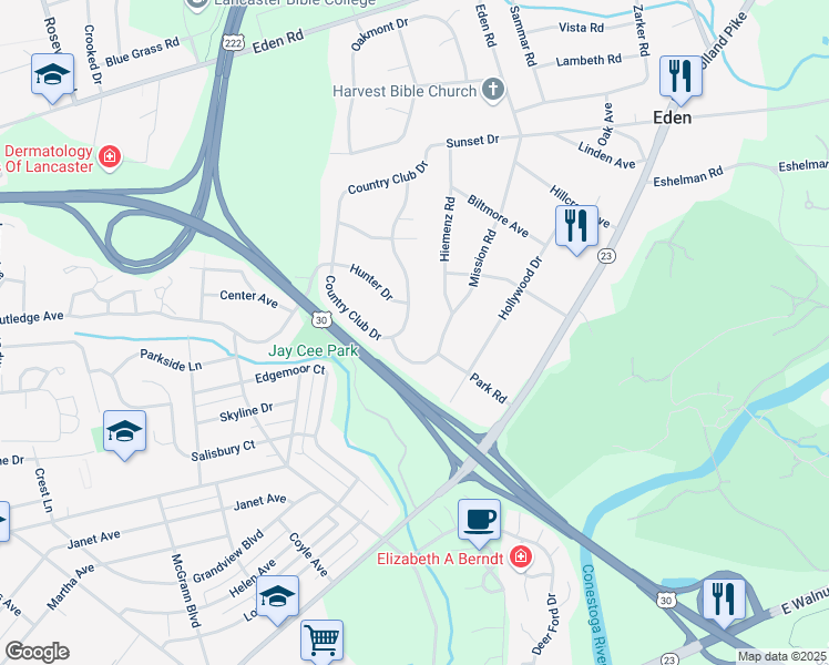 map of restaurants, bars, coffee shops, grocery stores, and more near 1401 Mission Road in Lancaster