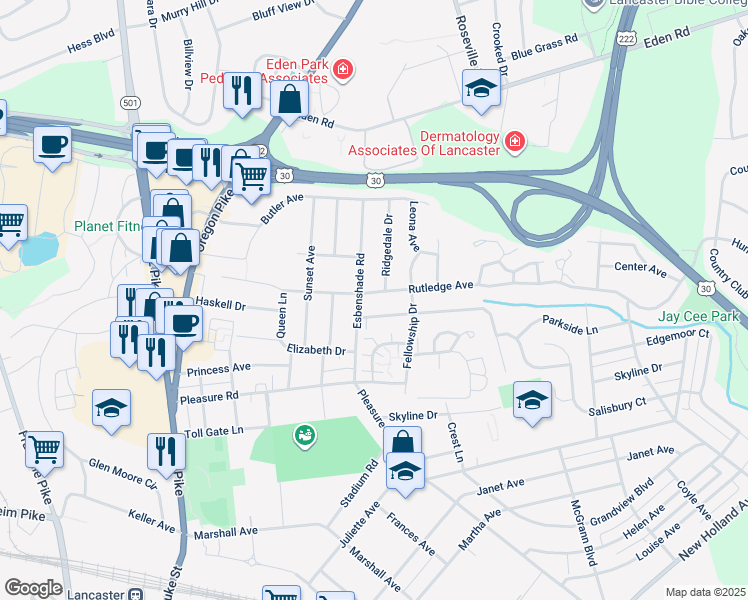 map of restaurants, bars, coffee shops, grocery stores, and more near 408 Rutledge Avenue in Lancaster