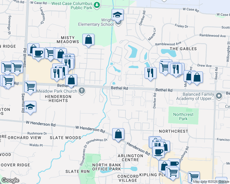 map of restaurants, bars, coffee shops, grocery stores, and more near 2350 Gavinley Way in Columbus