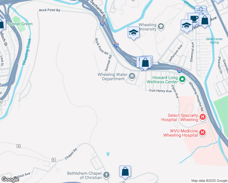 map of restaurants, bars, coffee shops, grocery stores, and more near 229 West Virginia 88 in Wheeling