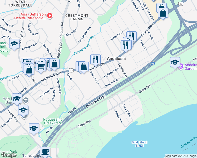 map of restaurants, bars, coffee shops, grocery stores, and more near 706 Highland Avenue in Andalusia