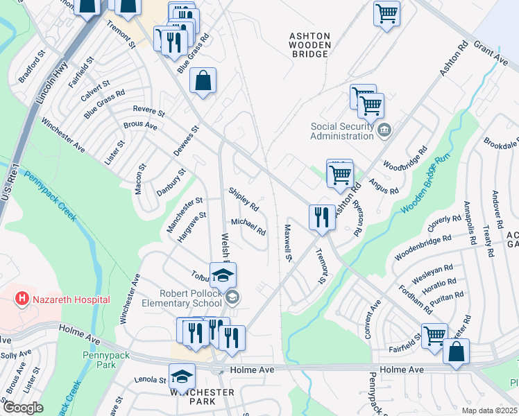 map of restaurants, bars, coffee shops, grocery stores, and more near 1 Shipley Place in Philadelphia
