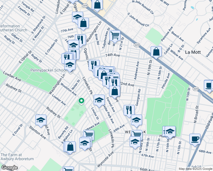 map of restaurants, bars, coffee shops, grocery stores, and more near 7182 Ogontz Ave in Philadelphia