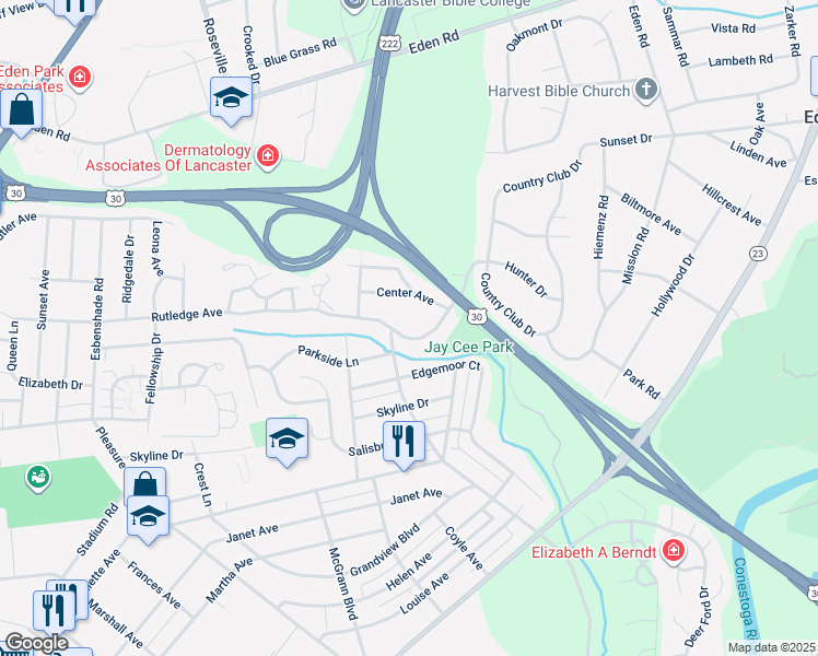 map of restaurants, bars, coffee shops, grocery stores, and more near 1009 Homeland Drive in Lancaster