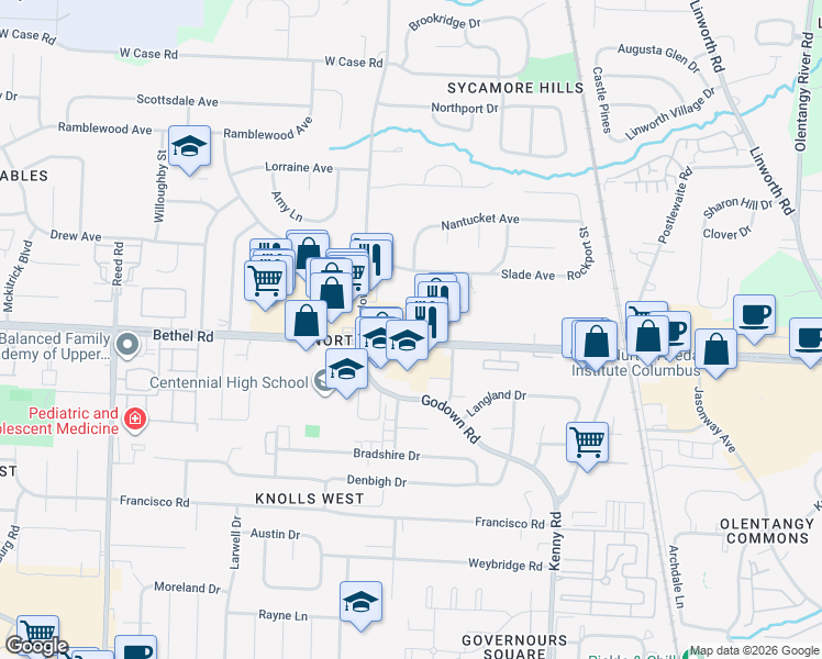 map of restaurants, bars, coffee shops, grocery stores, and more near 1345 Bethel Road in Columbus