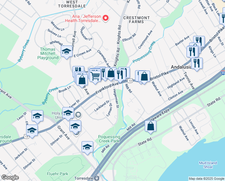 map of restaurants, bars, coffee shops, grocery stores, and more near 10022 Hegerman Street in Philadelphia