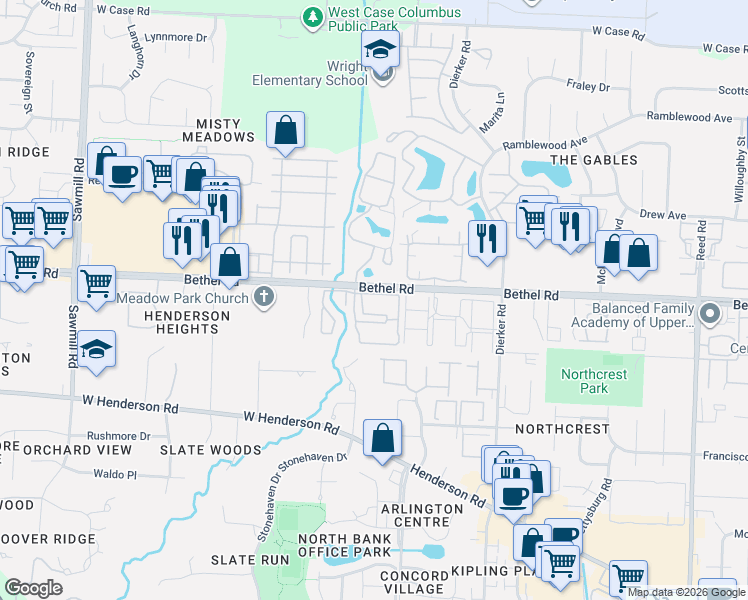 map of restaurants, bars, coffee shops, grocery stores, and more near 2350 Gavinley Way in Columbus