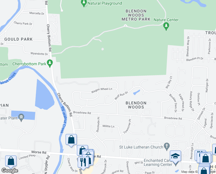 map of restaurants, bars, coffee shops, grocery stores, and more near 5244 Wagon Wheel Lane in Gahanna