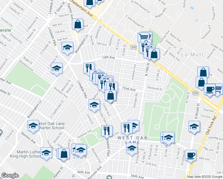 map of restaurants, bars, coffee shops, grocery stores, and more near 2028 72nd Avenue in Philadelphia