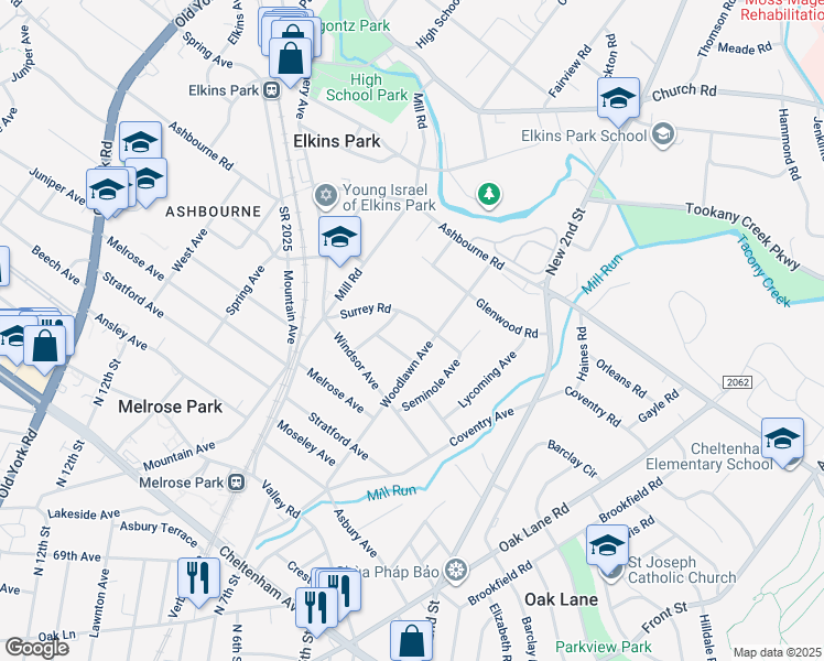 map of restaurants, bars, coffee shops, grocery stores, and more near 104 Surrey Road in Elkins Park