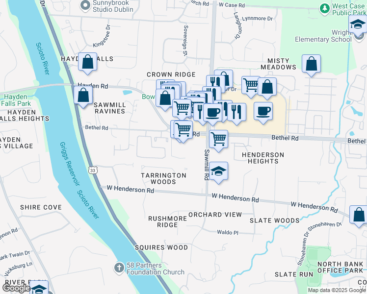 map of restaurants, bars, coffee shops, grocery stores, and more near 4747 Sawmill Road in Columbus