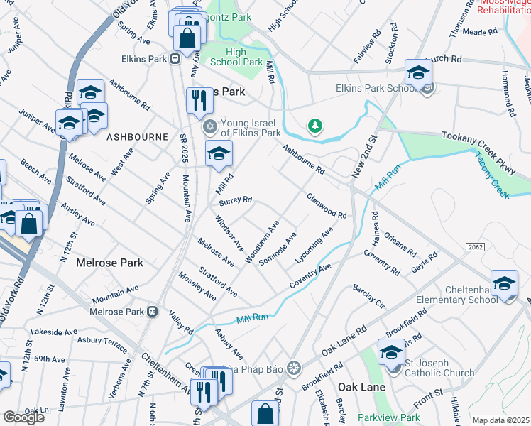 map of restaurants, bars, coffee shops, grocery stores, and more near 104 Surrey Road in Elkins Park