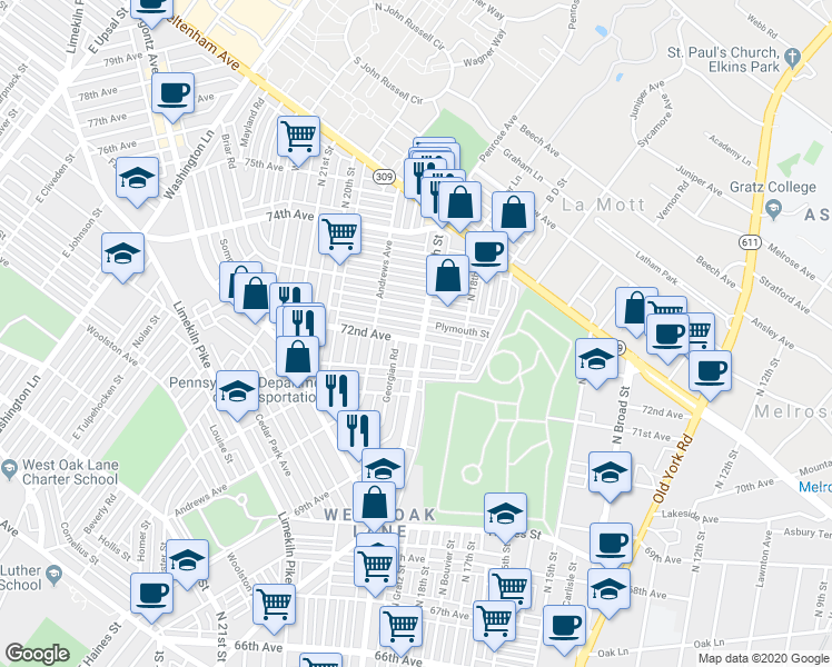 map of restaurants, bars, coffee shops, grocery stores, and more near 1903 72nd Avenue in Philadelphia