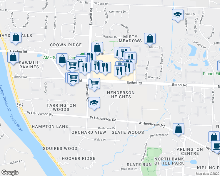 map of restaurants, bars, coffee shops, grocery stores, and more near 2730 Graystone Dr in Columbus