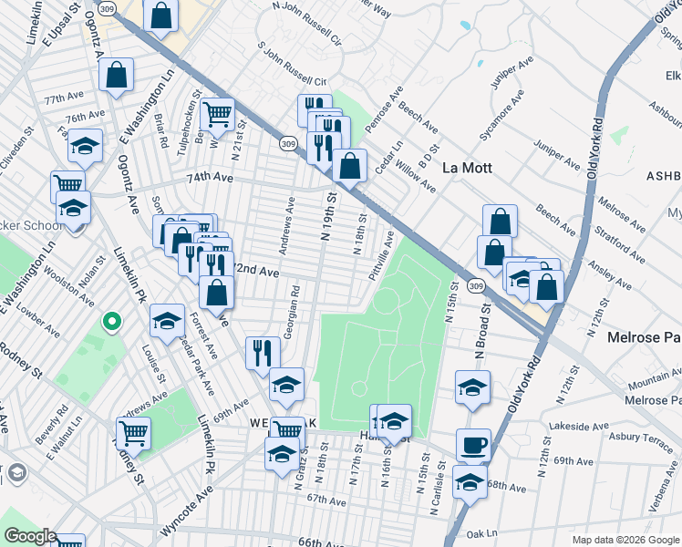 map of restaurants, bars, coffee shops, grocery stores, and more near 1832 72nd Avenue in Philadelphia