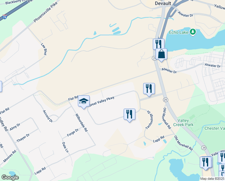 map of restaurants, bars, coffee shops, grocery stores, and more near 65 Great Valley Parkway in Malvern