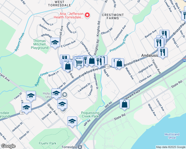 map of restaurants, bars, coffee shops, grocery stores, and more near 10024 Hegerman Street in Philadelphia