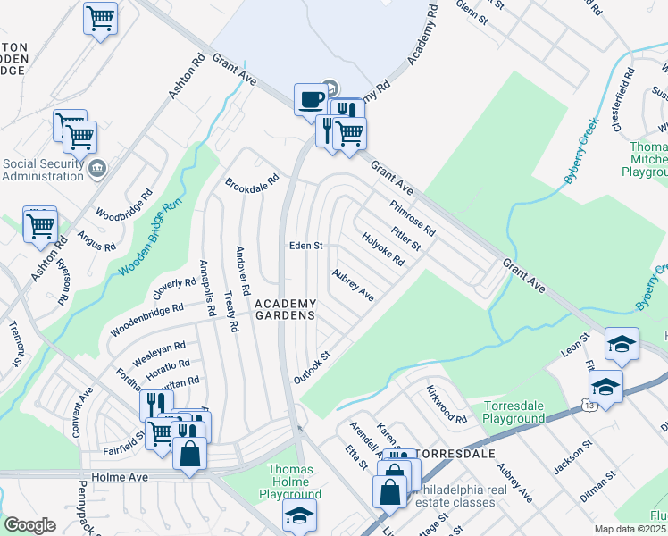 map of restaurants, bars, coffee shops, grocery stores, and more near 3419 Kirkwood Road in Philadelphia