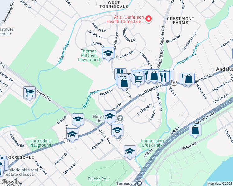 map of restaurants, bars, coffee shops, grocery stores, and more near 3962 Rowena Drive in Philadelphia
