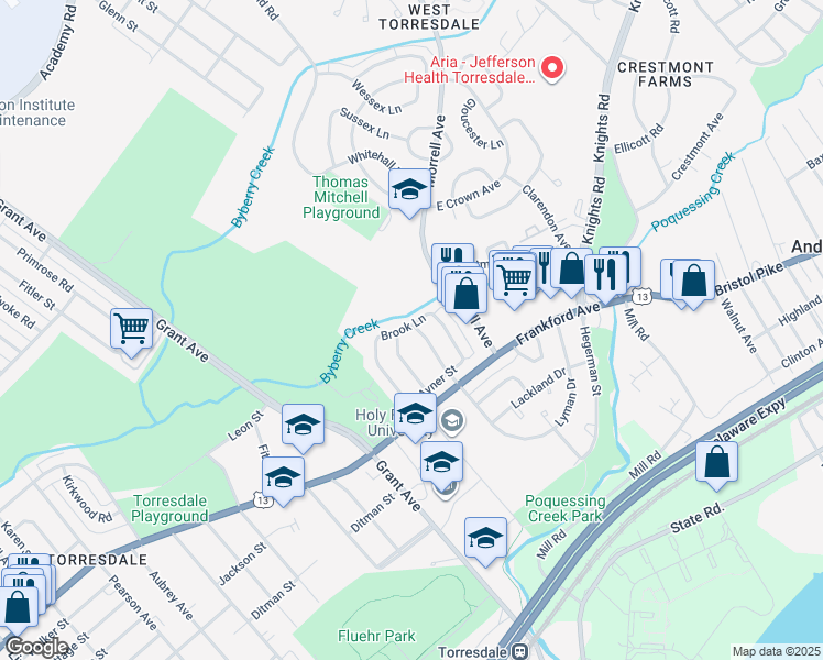 map of restaurants, bars, coffee shops, grocery stores, and more near 3950 Constance Road in Philadelphia