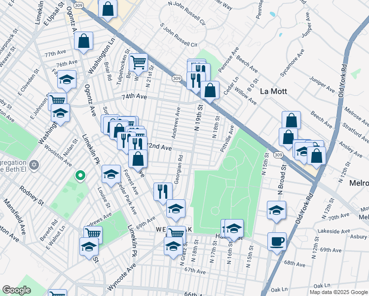 map of restaurants, bars, coffee shops, grocery stores, and more near 7165 Georgian Road in Philadelphia