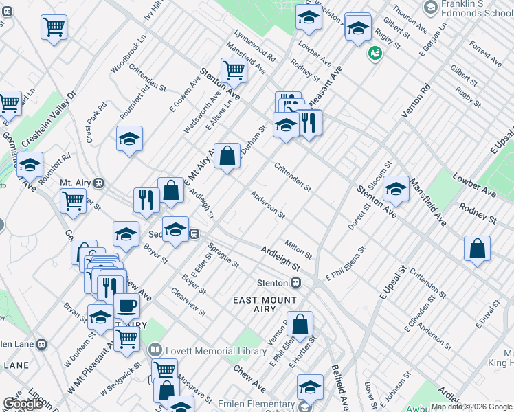 map of restaurants, bars, coffee shops, grocery stores, and more near 431 East Sedgwick Street in Philadelphia
