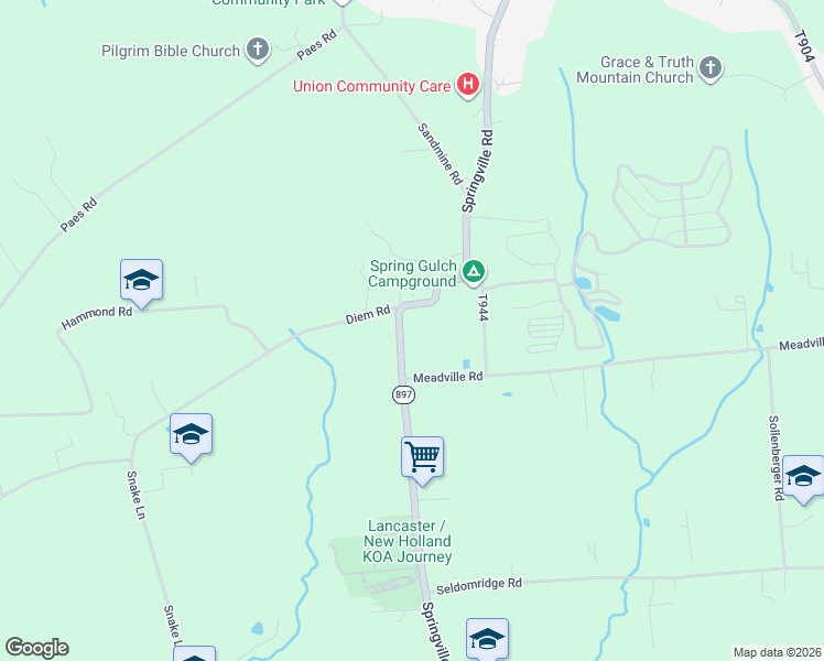 map of restaurants, bars, coffee shops, grocery stores, and more near 447 Springville Road in Kinzers