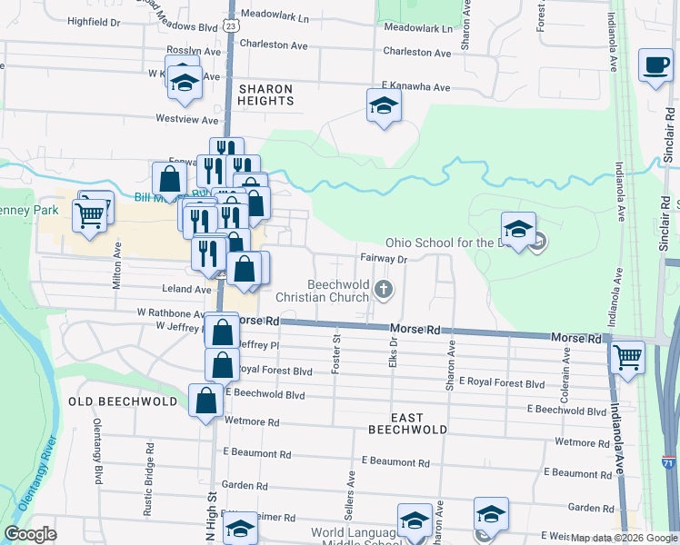 map of restaurants, bars, coffee shops, grocery stores, and more near 4916 Fuller Drive in Columbus
