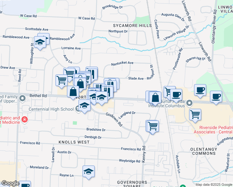 map of restaurants, bars, coffee shops, grocery stores, and more near 1293 Bethel Road in Columbus