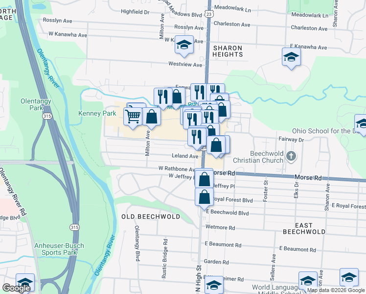 map of restaurants, bars, coffee shops, grocery stores, and more near 5019 North High Street in Columbus