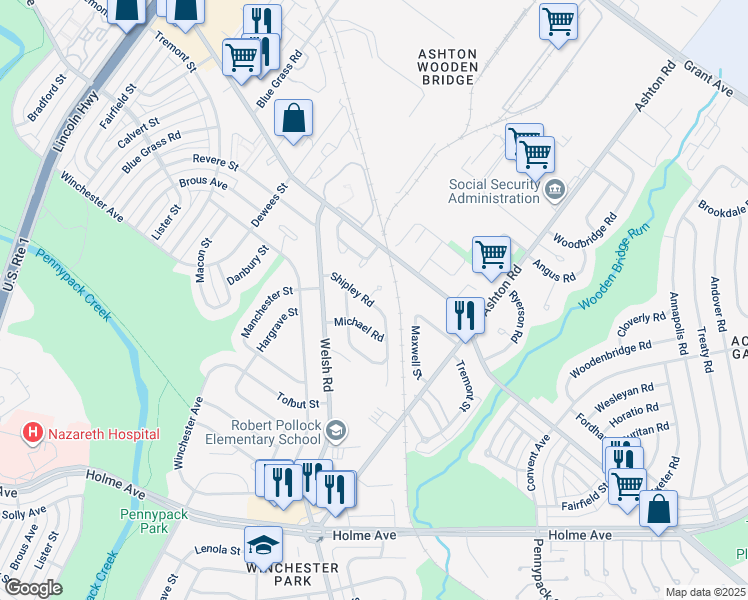 map of restaurants, bars, coffee shops, grocery stores, and more near 1 Shipley Place in Philadelphia