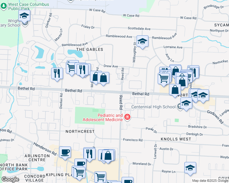 map of restaurants, bars, coffee shops, grocery stores, and more near Bethel Road in Columbus
