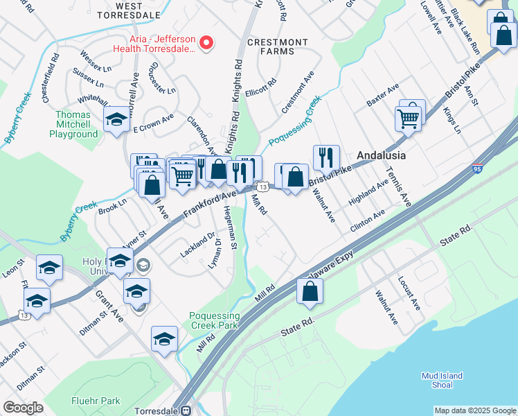 map of restaurants, bars, coffee shops, grocery stores, and more near 872 Mill Road in Bensalem