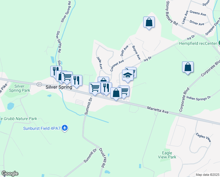 map of restaurants, bars, coffee shops, grocery stores, and more near 845 Silver Spring Plaza in Lancaster