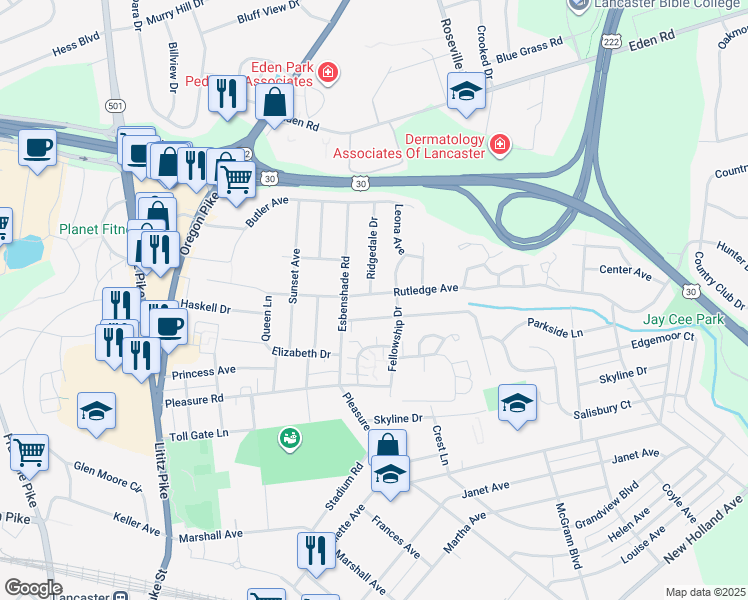 map of restaurants, bars, coffee shops, grocery stores, and more near 420 Rutledge Avenue in Lancaster
