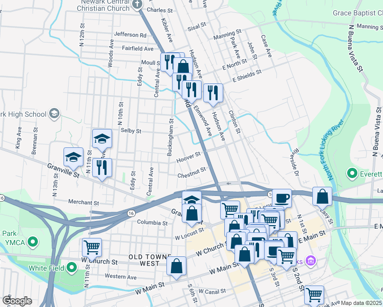 map of restaurants, bars, coffee shops, grocery stores, and more near 63 Hoover Street in Newark