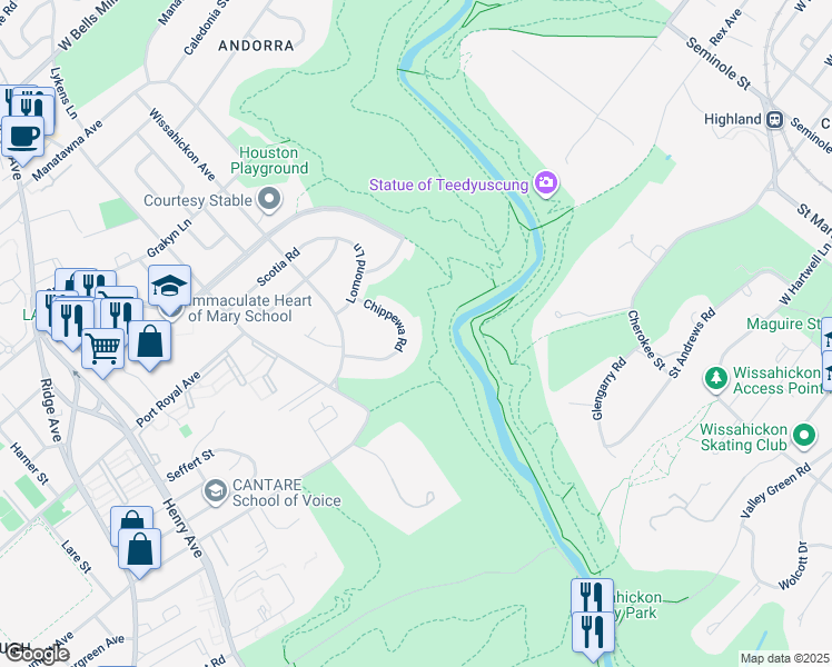 map of restaurants, bars, coffee shops, grocery stores, and more near 8428 Chippewa Road in Philadelphia