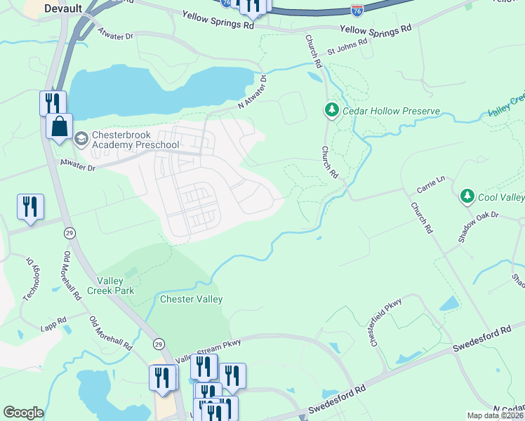 map of restaurants, bars, coffee shops, grocery stores, and more near 723 Stonecliffe Road in Malvern
