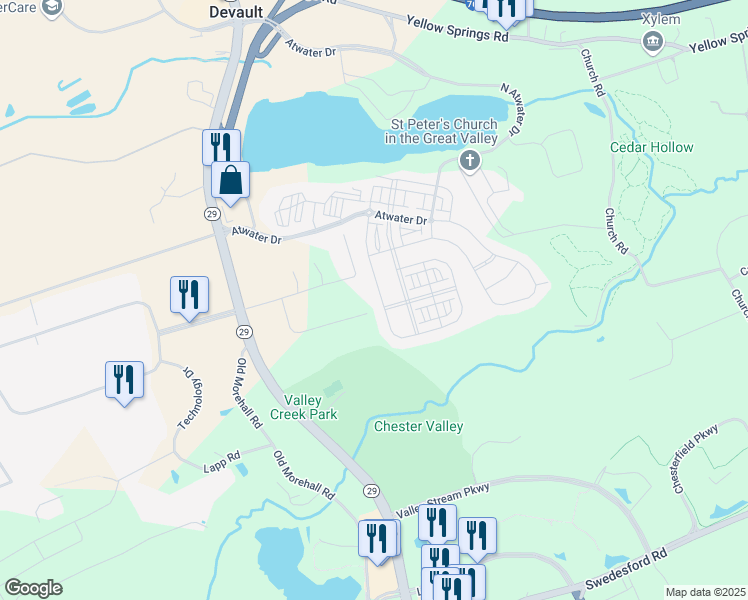 map of restaurants, bars, coffee shops, grocery stores, and more near 322 Quarry Point Road in Malvern