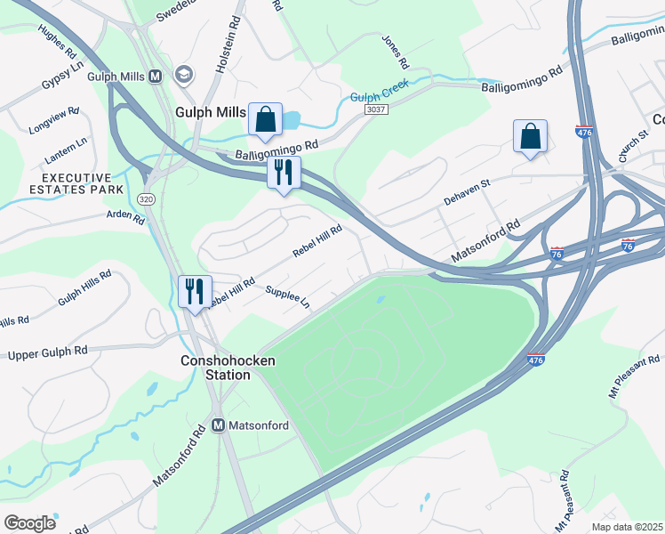 map of restaurants, bars, coffee shops, grocery stores, and more near 216 Gulph Lane in Conshohocken