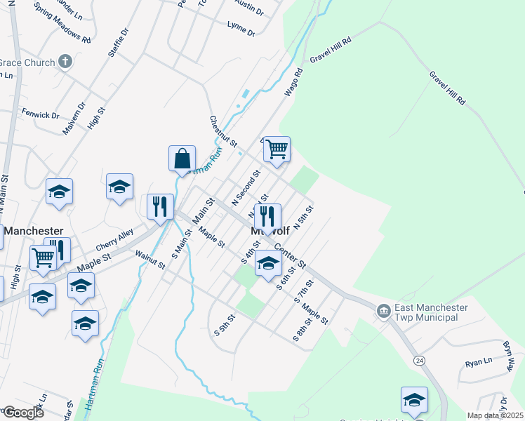 map of restaurants, bars, coffee shops, grocery stores, and more near 85 North 3rd Street in Mount Wolf
