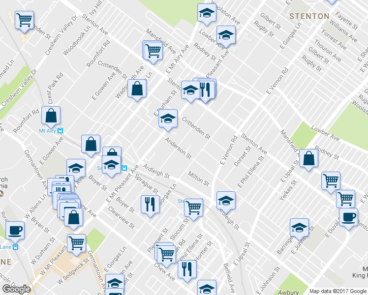 map of restaurants, bars, coffee shops, grocery stores, and more near 6929 Anderson Street in Philadelphia