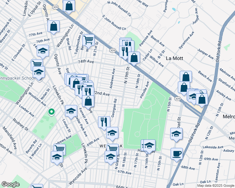 map of restaurants, bars, coffee shops, grocery stores, and more near 1913 72nd Avenue in Philadelphia
