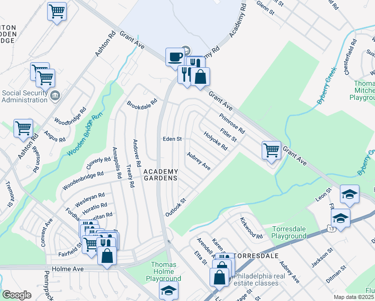 map of restaurants, bars, coffee shops, grocery stores, and more near 3419 Kirkwood Road in Philadelphia