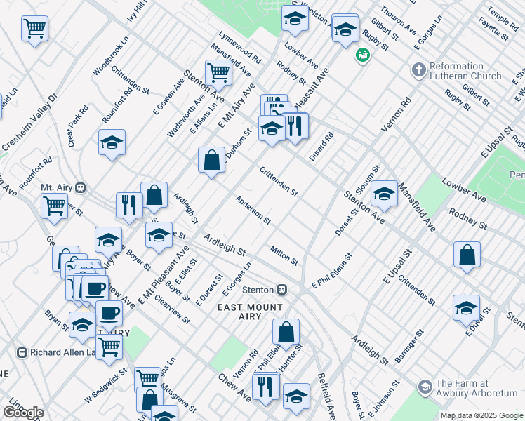 map of restaurants, bars, coffee shops, grocery stores, and more near 6929 Anderson Street in Philadelphia