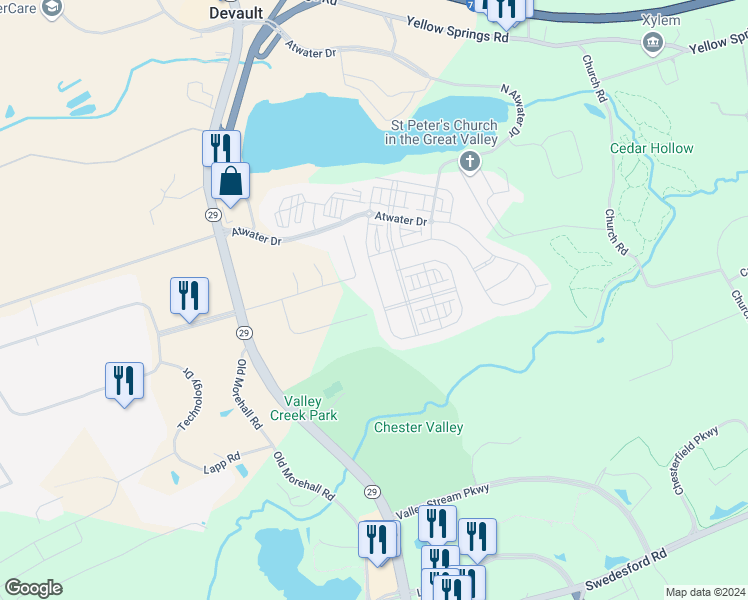 map of restaurants, bars, coffee shops, grocery stores, and more near 322 Quarry Point Road in Malvern