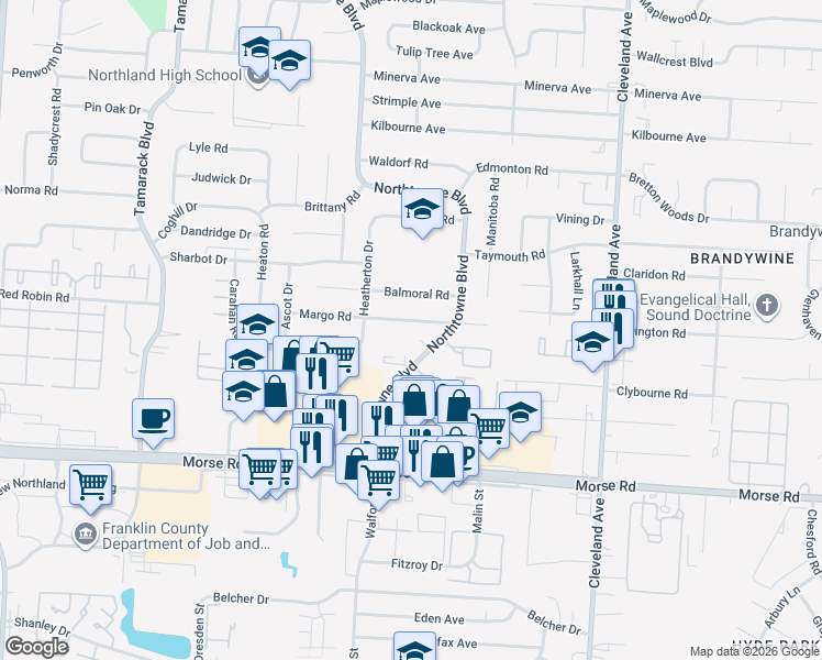 map of restaurants, bars, coffee shops, grocery stores, and more near 4615 Northtowne Boulevard in Columbus