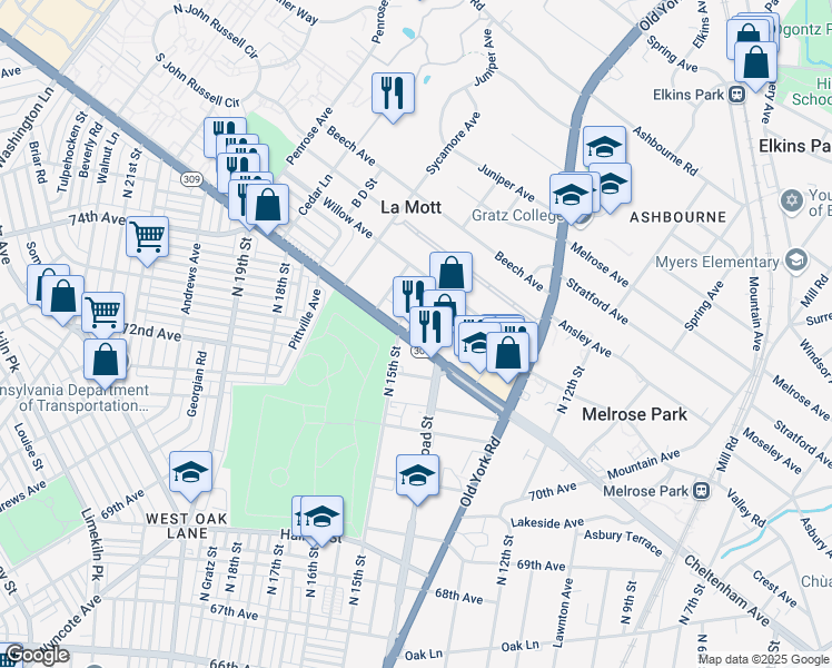 map of restaurants, bars, coffee shops, grocery stores, and more near 1403 West Cheltenham Avenue in Elkins Park