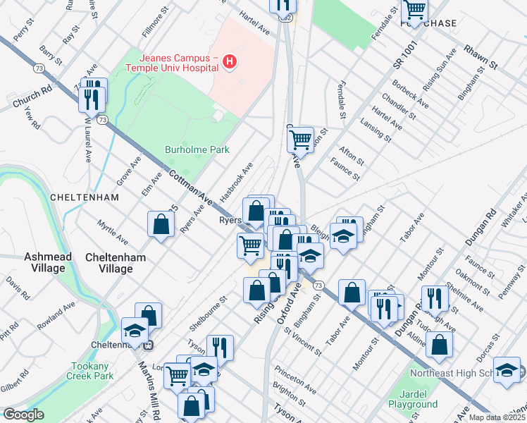 map of restaurants, bars, coffee shops, grocery stores, and more near 7334 Rockwell Avenue in Philadelphia